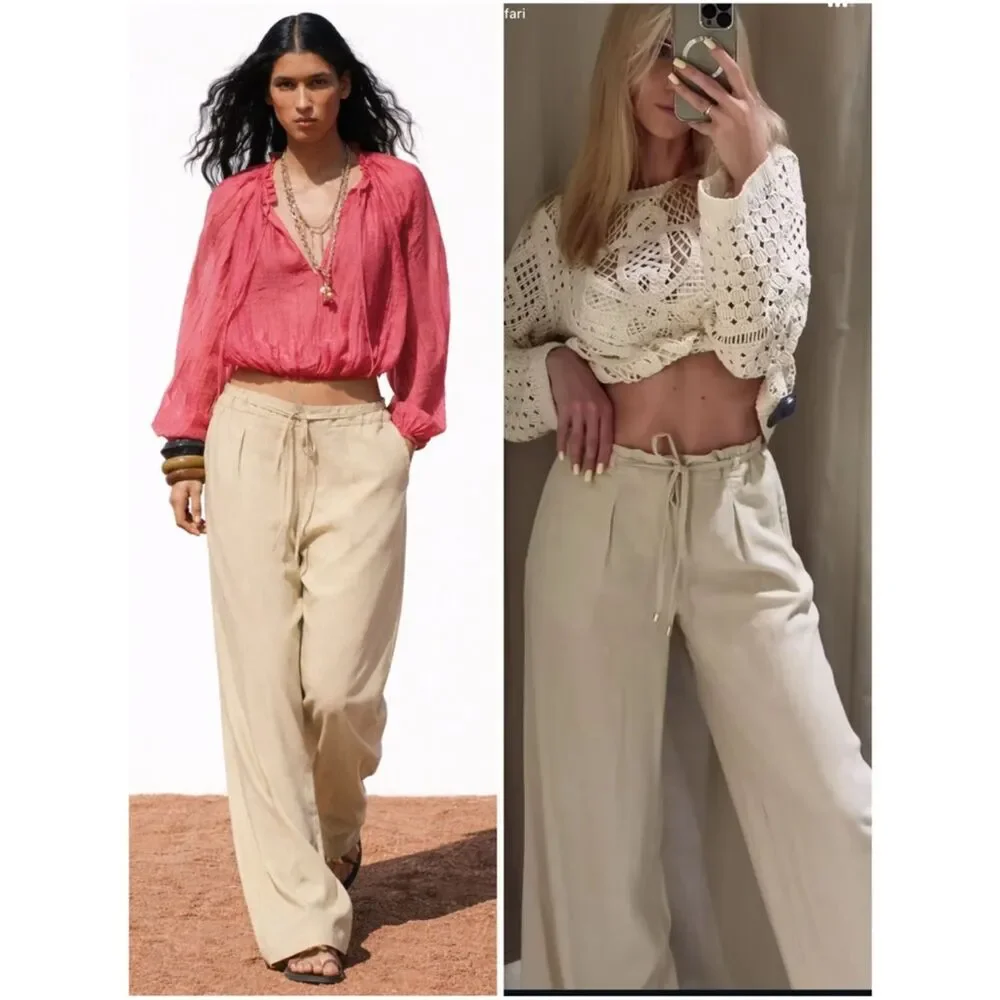 ZARA WIDE LEG LINEN PANTS WITH BELT SAND
